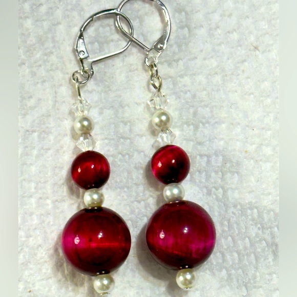 Fuchsia Tigers Eye Earrings - Picture 1 of 3